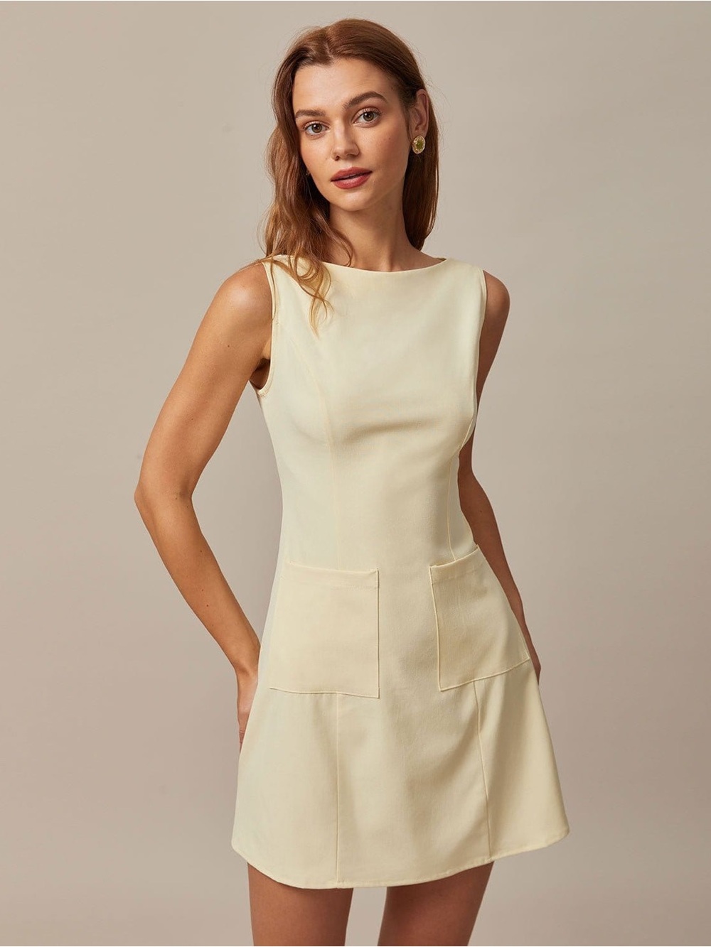 RIHOAS Cream Sleeveless Mini Dress with Patch Pockets